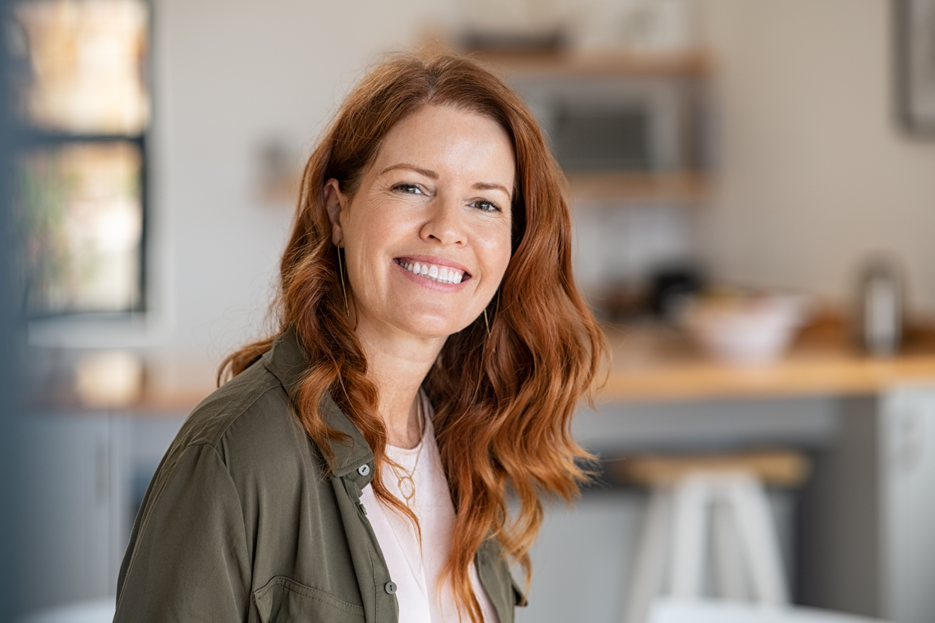 Confident Happy red hair Woman Looking Straight at Camera flip